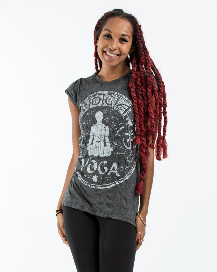 Womens Infinitee Yoga Stamp T-Shirt in Silver on Black