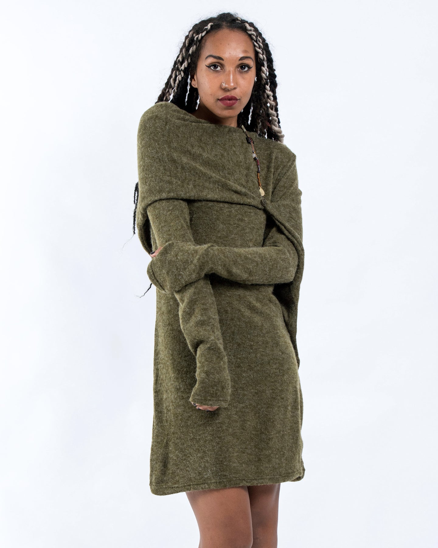 Sure Design Shawl Hoodie Combo Sweater Dress in Green