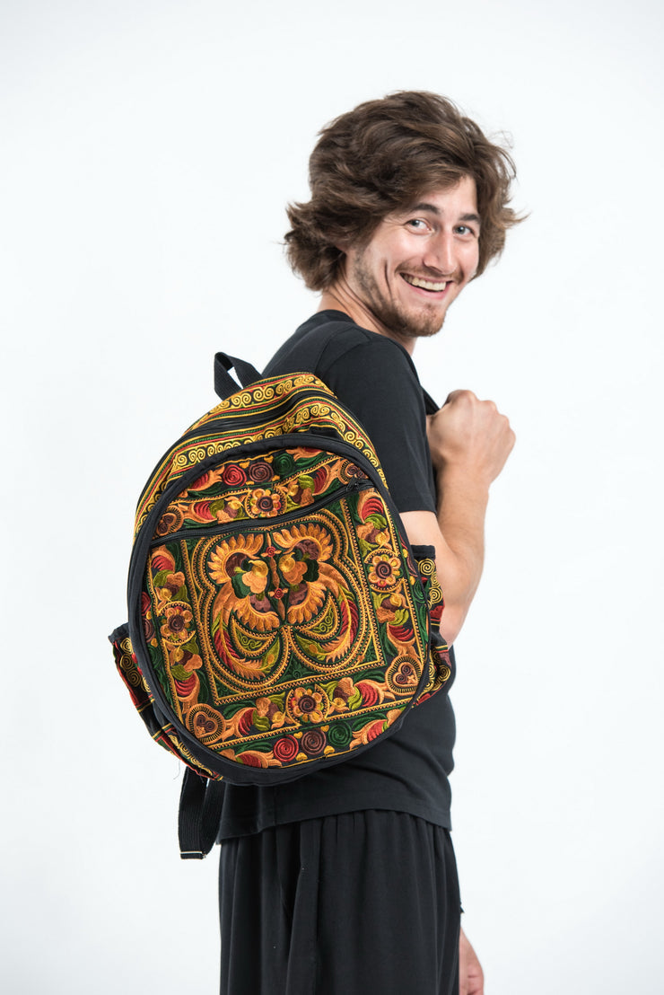 Hmong Hill Tribe Embroidered Peacock Backpack in Orange