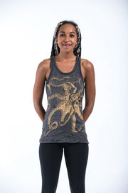 Womens Octopus Tank Top in Gold on Black