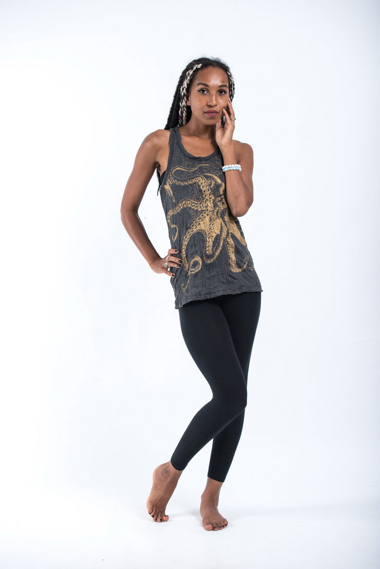 Womens Octopus Tank Top in Gold on Black