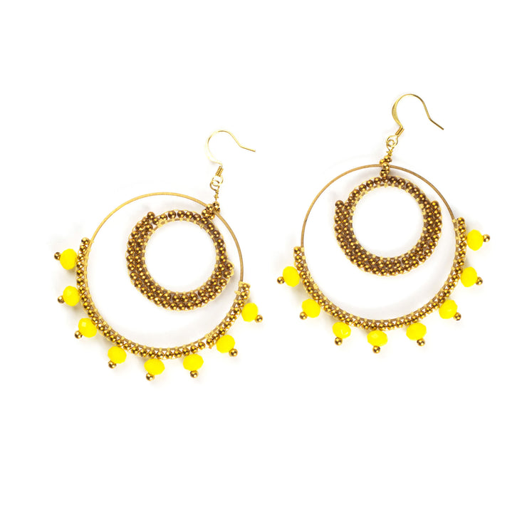 Circle Yellow Beads Brass Earrings