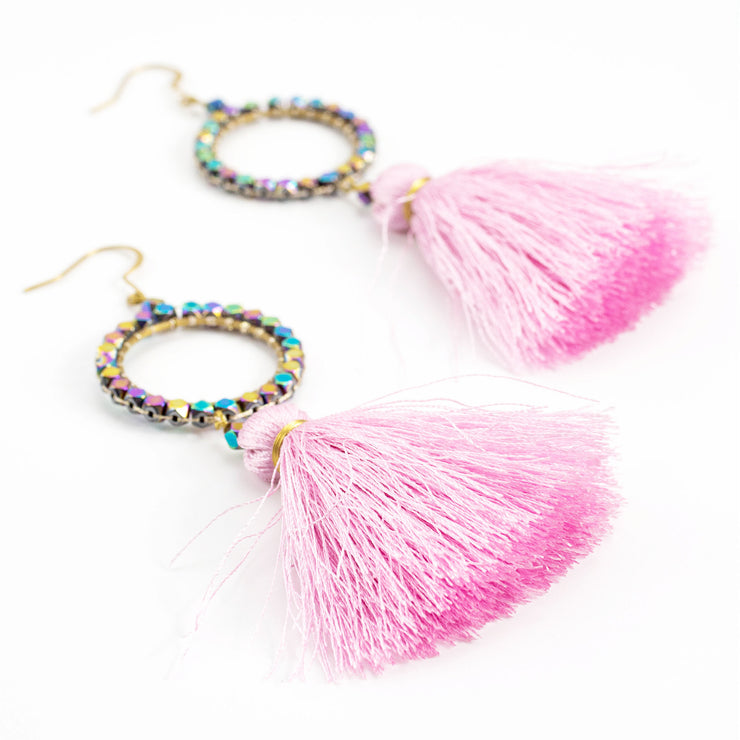 Circle Pink Tassels Brass Earrings