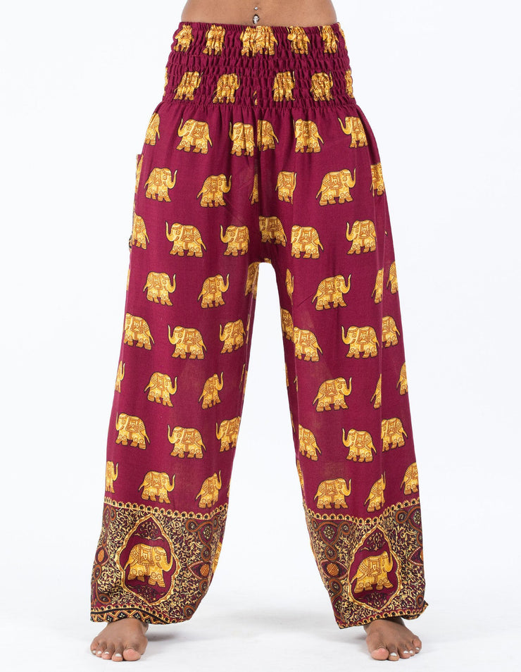 Unisex Golden Elephants Harem Pants in Maroon