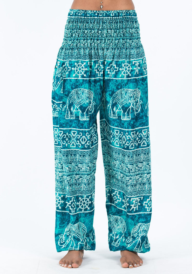Unisex Marble Elephants Harem Pants in Turquoise