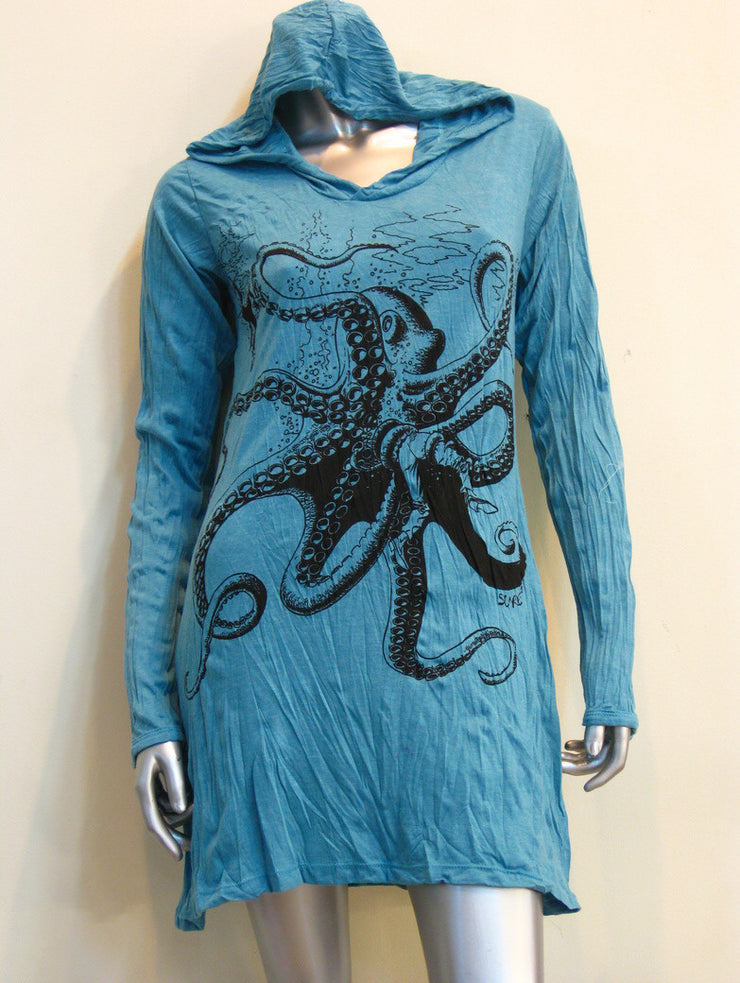 Womens Octopus Hoodie Dress in Turquoise