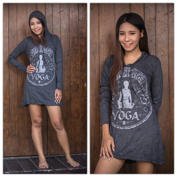 Womens Yoga Stamp Hoodie Dress in Silver on Black