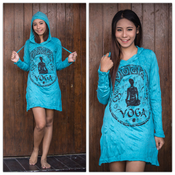 Womens Yoga Stamp Hoodie Dress in Turquoise