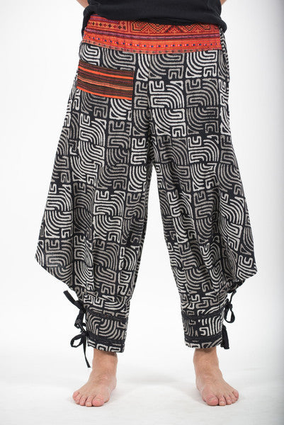 Maze Prints Thai Hill Tribe Fabric Harem Pants with Ankle Straps in Black