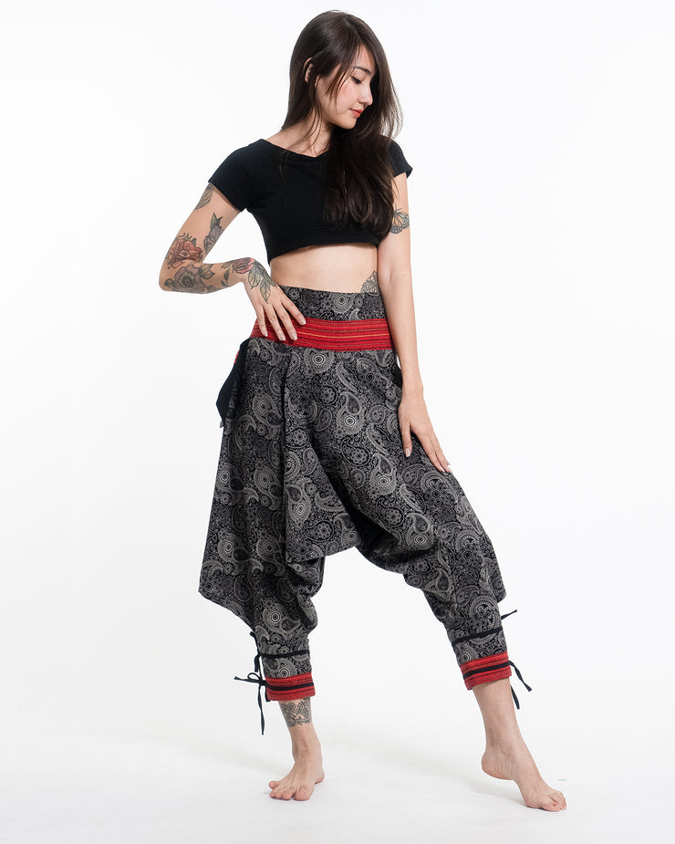Paisley Thai Hill Tribe Fabric Drop Crotch Harem Pants with Ankle Straps in Black