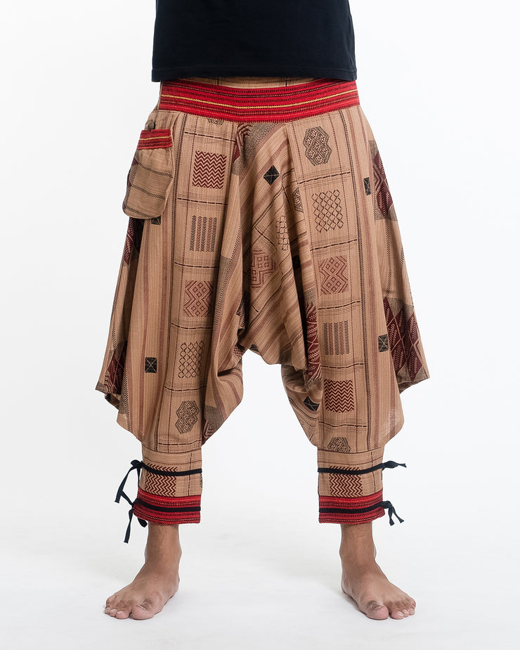 Thai Hill Tribe Fabric Drop Crotch Harem Pants with Ankle Straps in Beige