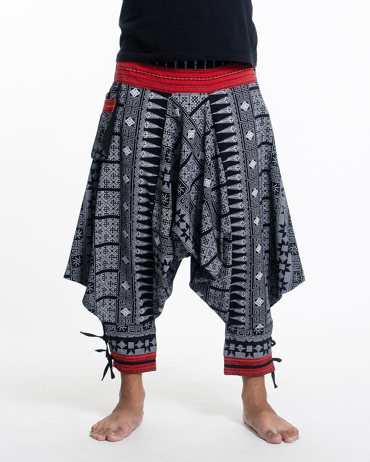 Traditional Prints Thai Hill Tribe Fabric Drop Crotch Harem Pants with Ankle Straps
