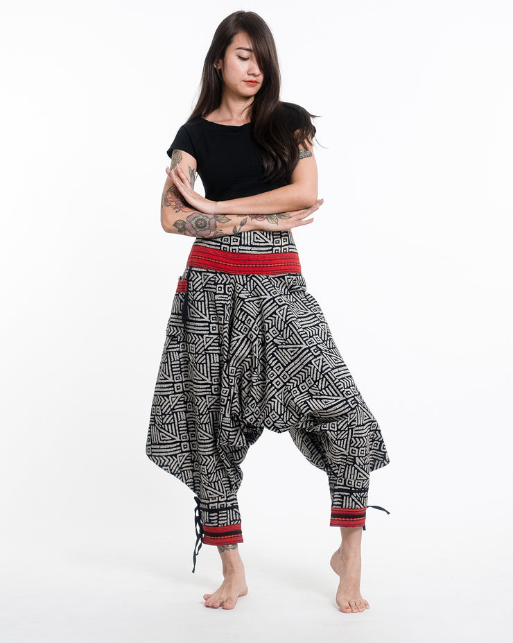 Woven Prints Thai Hill Tribe Fabric Drop Crotch Harem Pants with Ankle Straps in Black