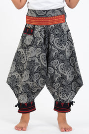 Paisley Thai Hill Tribe Fabric Kids Harem Pants with Ankle Straps in Black