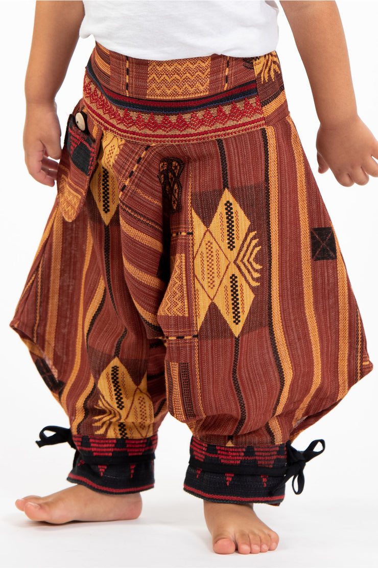 Thai Hill Tribe Fabric Kids Harem Pants with Ankle Straps in Brick