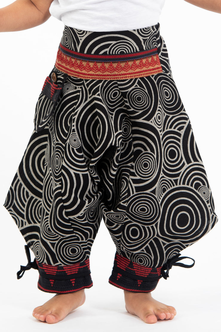Swirls Prints Thai Hill Tribe Fabric Kids Harem Pants with Ankle Straps in Black