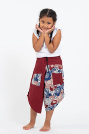 Two Tone Leaves Prints Kids Three Quarter Pants in Red