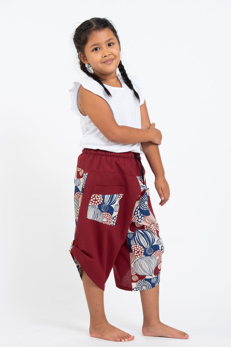 Two Tone Leaves Prints Kids Three Quarter Pants in Red