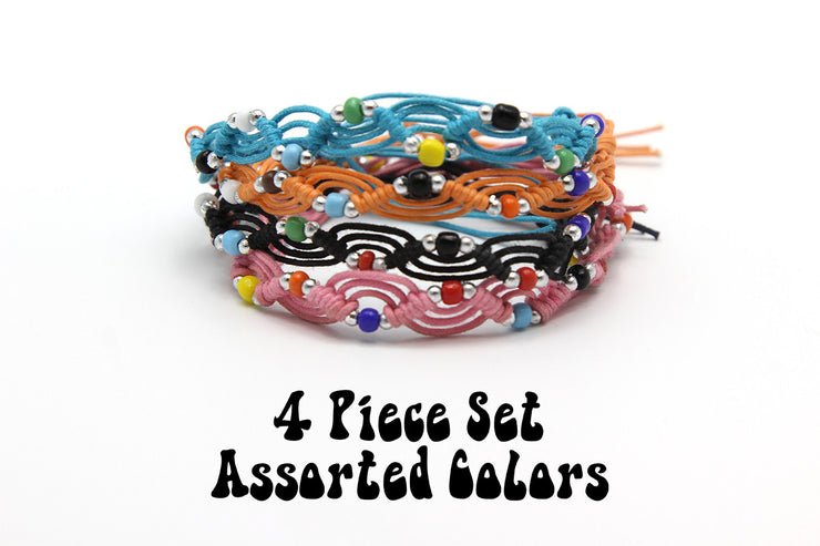 Assorted 4 Pieces Set Thai Waxed String Bracelets with Color Beads