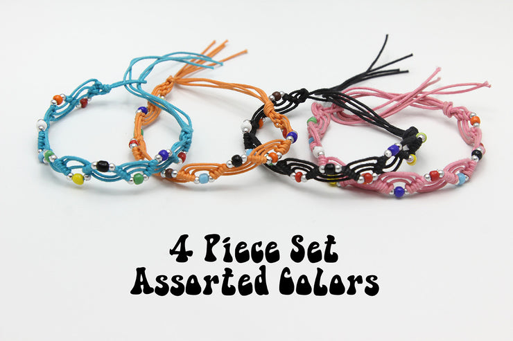 Assorted 4 Pieces Set Thai Waxed String Bracelets with Color Beads