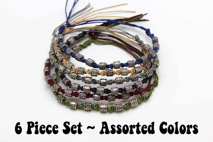 Assorted 6 Pieces Set Thai Waxed String Bracelets with Tribal Beads