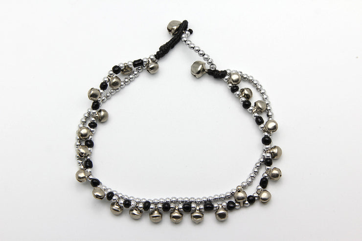 Silver Beads Anklet with Silver Bells in Black
