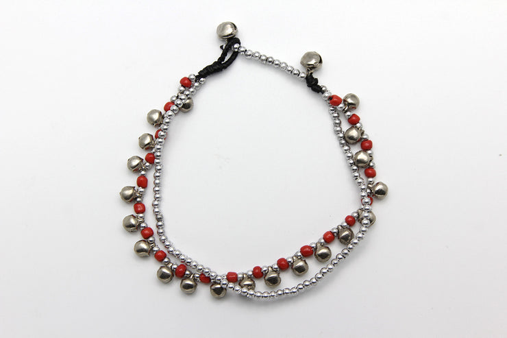 Silver Beads Anklet with Silver Bells in Red