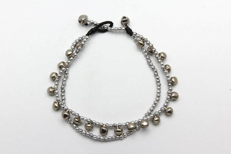 Silver Beads Anklet with Silver Bells in Silver