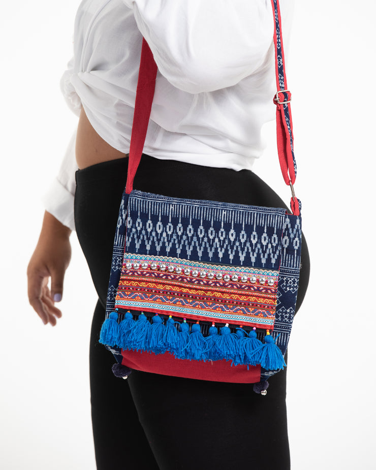 Hmong Indigo Batik and Embroidered Crossbody Sling Bag with Blue Tassels