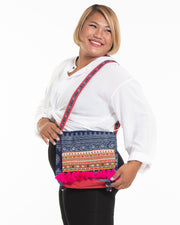 Hmong Indigo Batik and Embroidered Crossbody Sling Bag with Pink Tassels