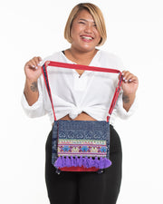Hmong Indigo Batik and Embroidered Crossbody Sling Bag with Purple Tassels