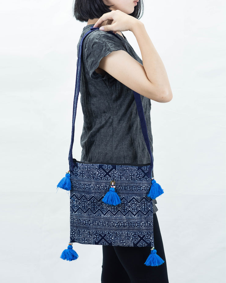 Hmong Indigo Batik Crossbody Sling Bag with Blue Tassels