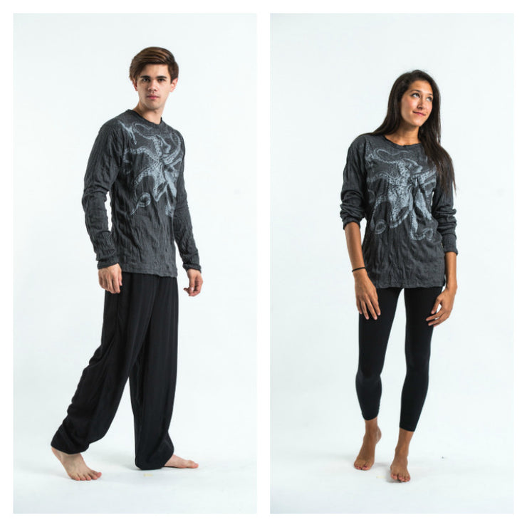 Unisex Octopus Long Sleeve T-Shirt in Silver on Black