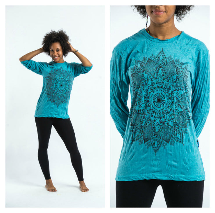 Unisex Lotus Mandala Long Sleeve T-Shirt in Turquoise