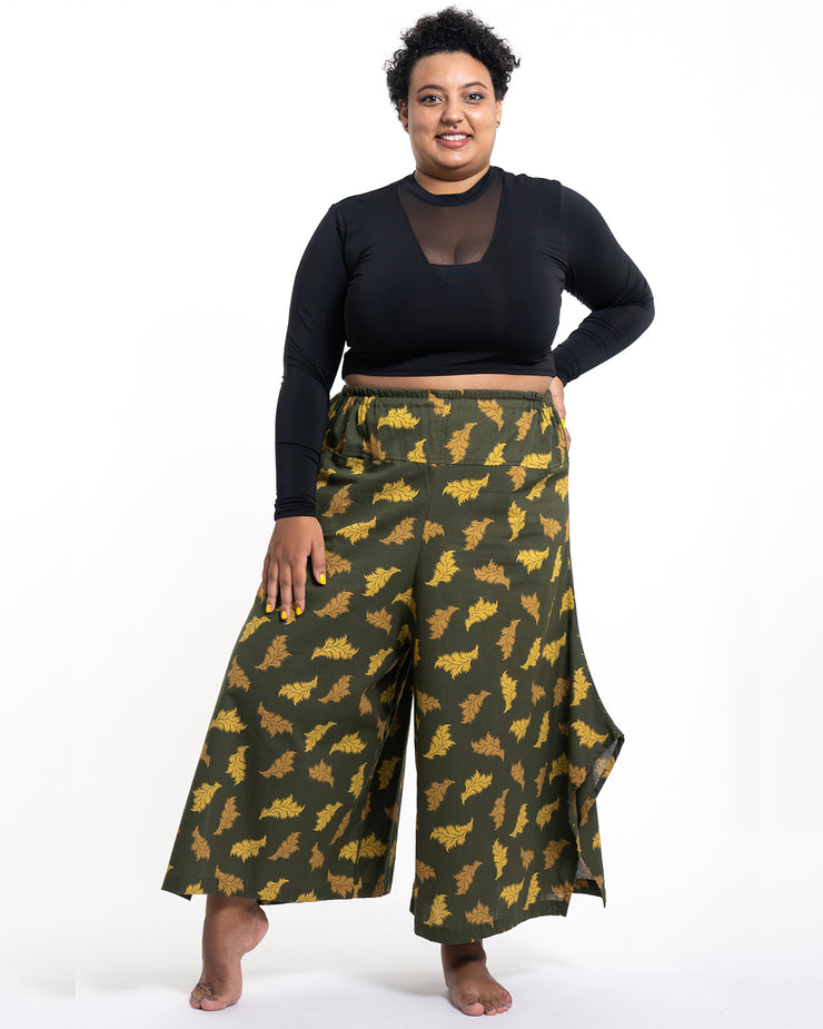Plus Size Leaves Womens Cotton Palazzo Pants in Green