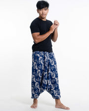 Unisex Fan Prints Low Cut Cotton Harem Pants in Indigo