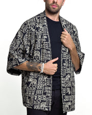 Elephant Print Cotton Kimono Cardigan in Black