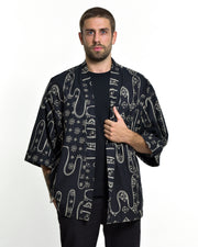 Japanese Print Cotton Kimono Cardigan in Black