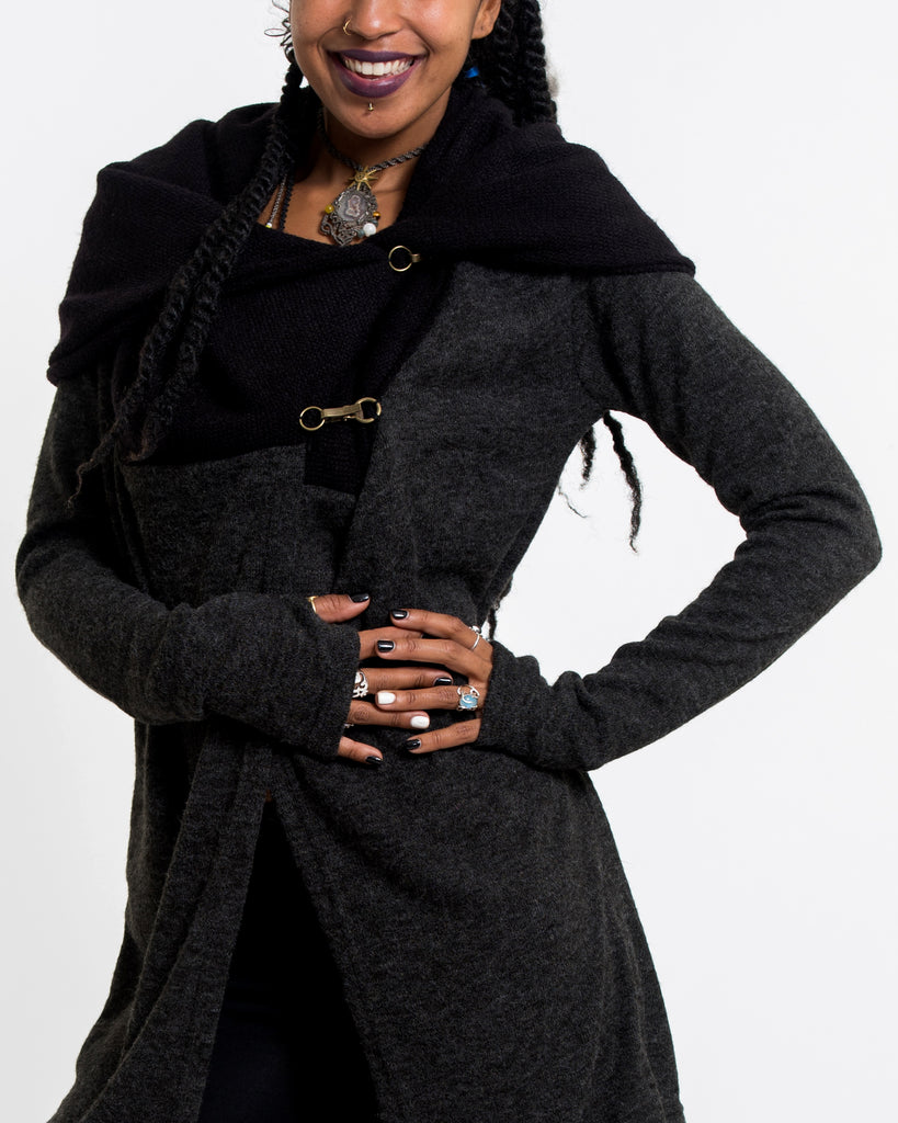 Sure Design Hoodie Shawl Jacket with Metal Clasp in Black