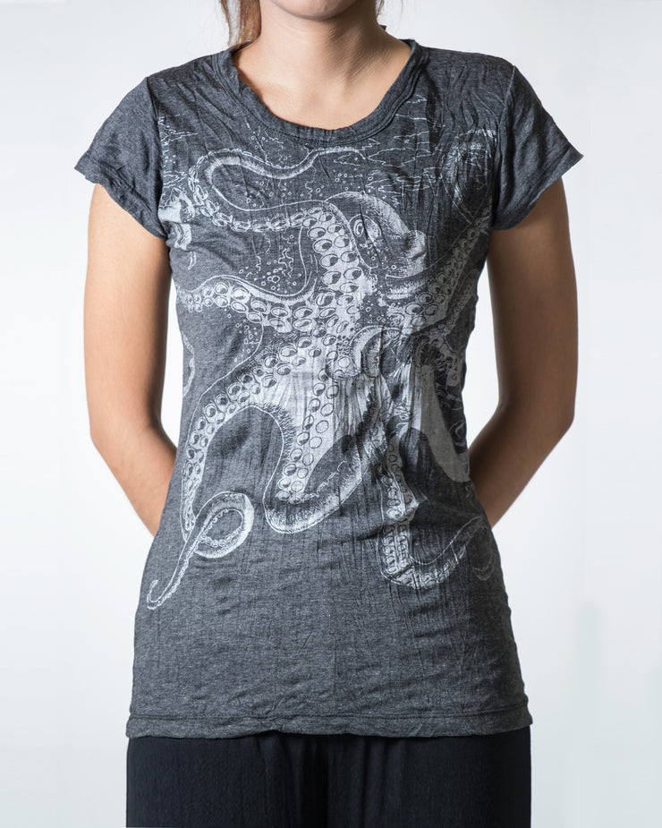 Womens Octopus T-Shirt in Silver on Black