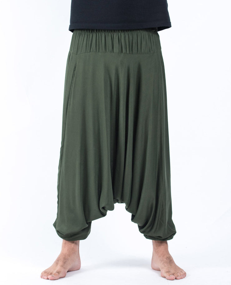 Unisex Solid Color Drop Crotch Drop Crotch Jumpsuit Harem Pants in Dark Green