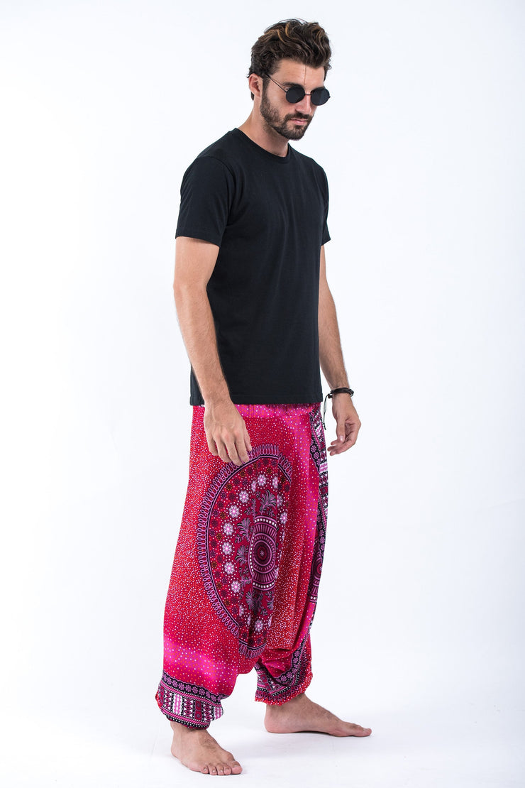 Unisex Tribal Chakras Drop Crotch Drop Crotch Jumpsuit Harem Pants in Pink