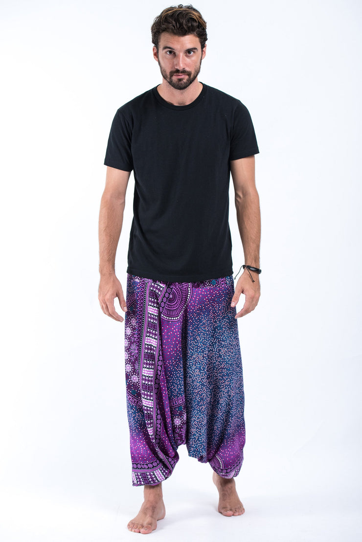 Unisex Tribal Chakras Drop Crotch Drop Crotch Jumpsuit Harem Pants in Purple