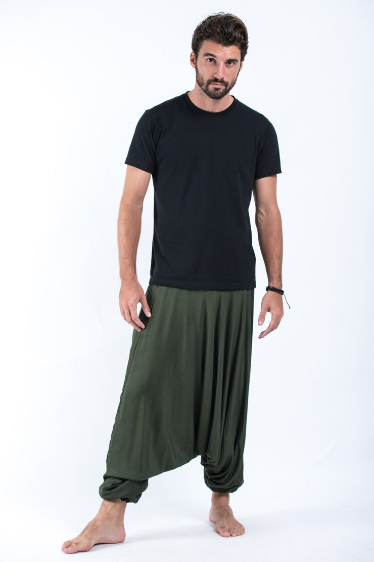 Unisex Solid Color Drop Crotch Drop Crotch Jumpsuit Harem Pants in Dark Green