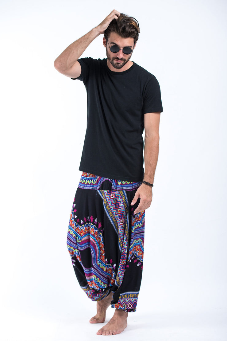Unisex Dashiki Prints Drop Crotch Jumpsuit Harem Pants in Black