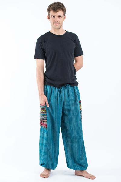 Unisex Pinstripe Cotton Pants with Aztec Pocket in Turquoise