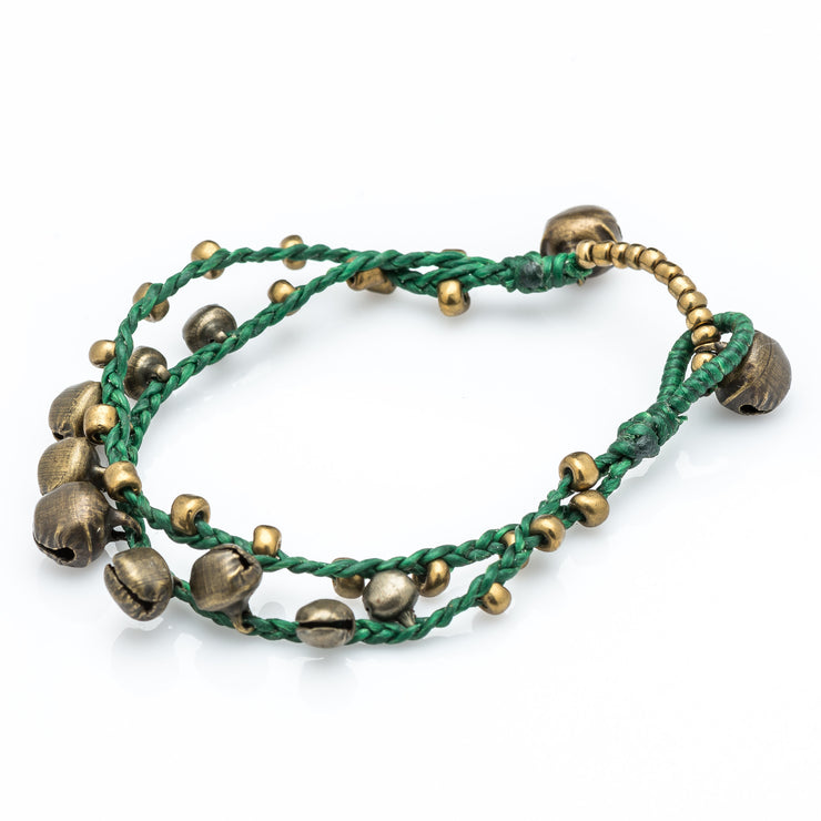 Brass Beads Bracelet with Brass Bells in Green