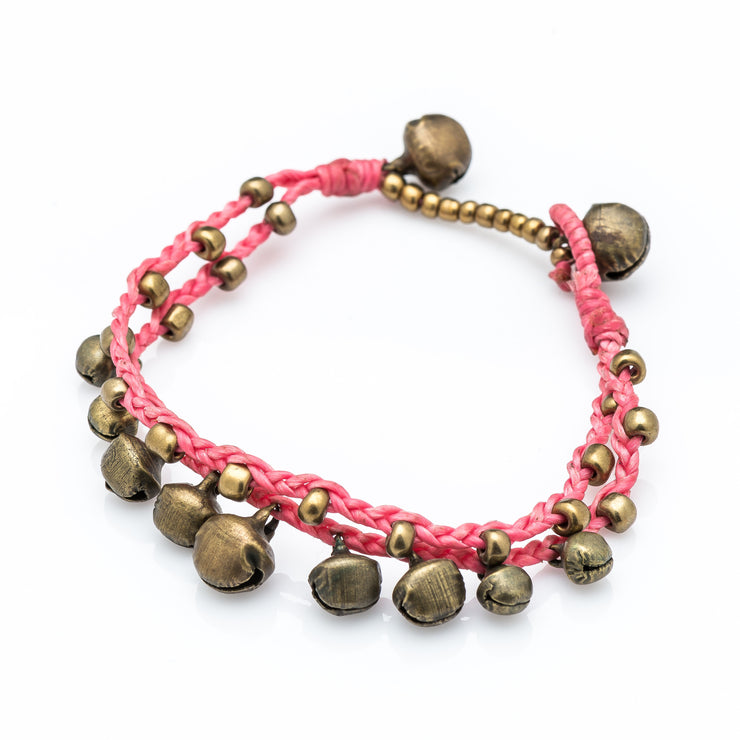 Brass Beads Bracelet with Brass Bells in Pink