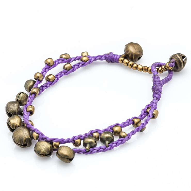 Brass Beads Bracelet with Brass Bells in Purple