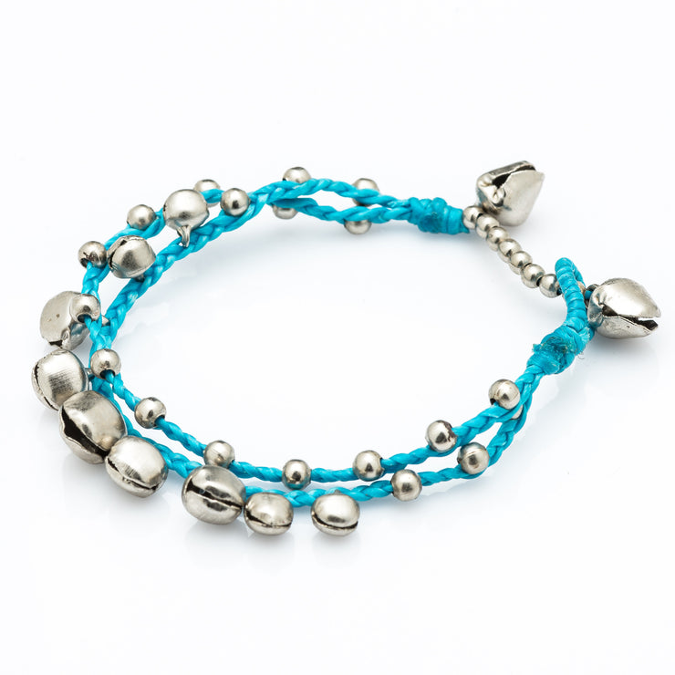 Silver Beads Bracelet with Silver Bells in Turquoise